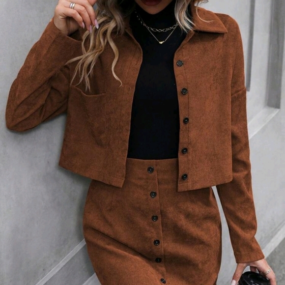 Clasi Drop Shoulder Corduroy Jacket & Button Front Skirt